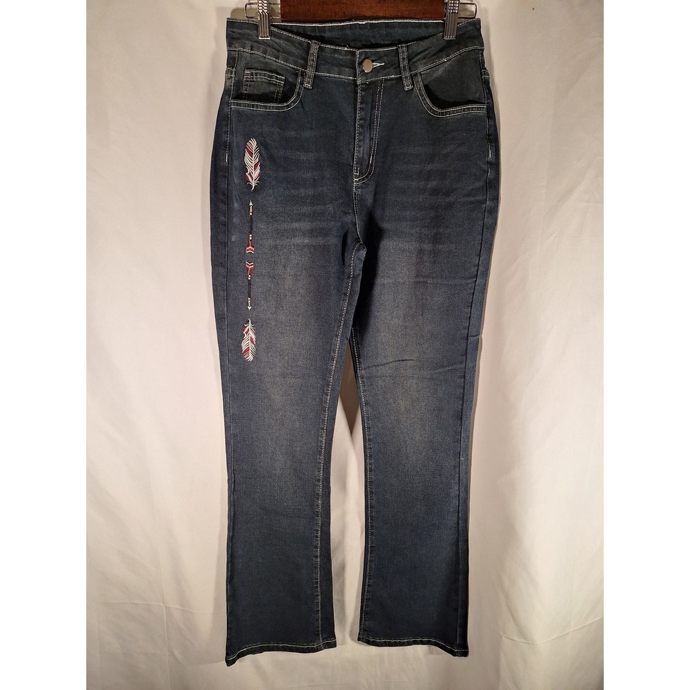 Women's Dark Wash Bootcut Jeans Feather Embroidery Detail Size L